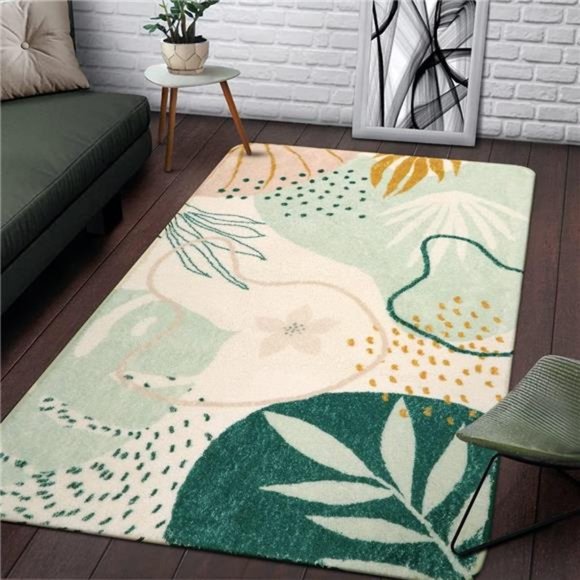 Green Botanical Print Small Throw Rugs Modern Abstract Non-Slip 3x5 Minimalist - Picture 1 of 6